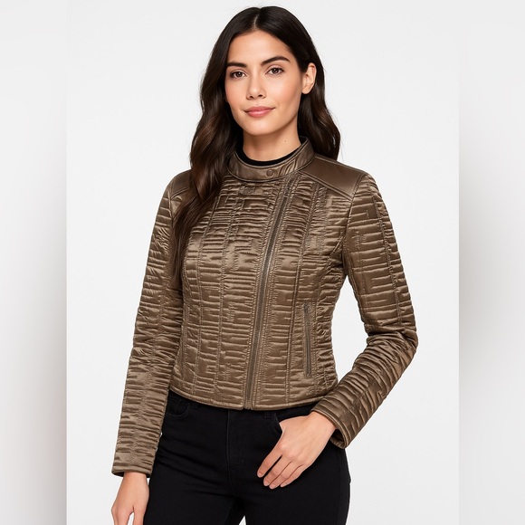 Guess Jackets & Blazers - GUESS Quilted Metallic Satin Moto Jacket Desert Green Cropped XS